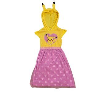 Pokemon Pikachu Girls Hooded Dress Yellow Pink Small 6 6x Nightgown Pajamas